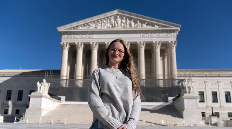 Becky Pepper-Jackson poses for a photograph outside of the U.S. Supreme Court in Washington, Sunday, Jan. 11, 2026. (AP Photo/Jose Luis Magana)