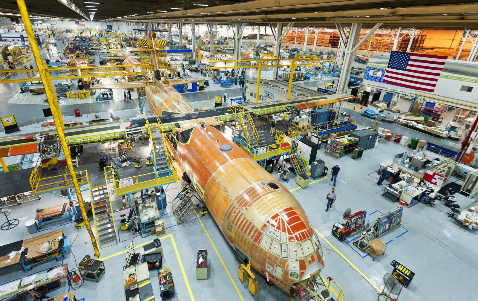 The production line for the C-130J Super Hercules aircraft at the Lockheed Martin plant in Cobb County. The U.S. government has placed an order for 78 of the airplanes. Photo: Lockheed Martin