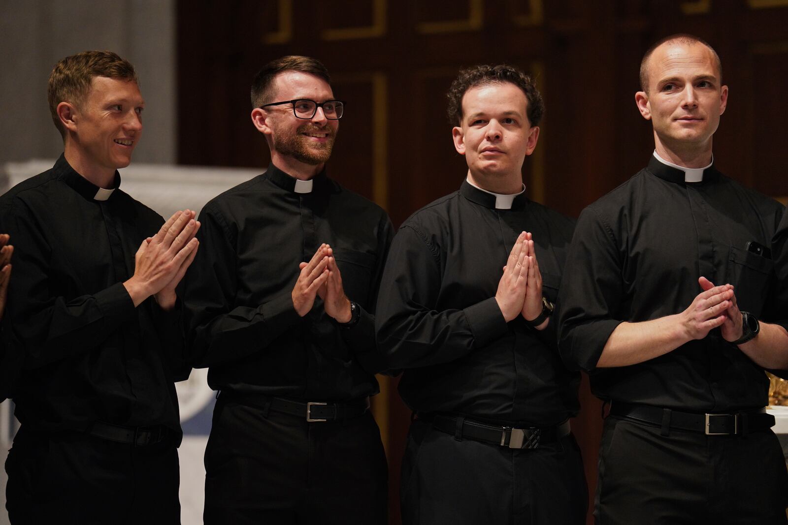From left, the Rev. Joesph Connor, the Rev. Tim Banach, the Rev. John Meyerhofer, and the Rev. Mike Sampson, attend rehearsal for their ordination Mass at the Cathedral of Saint Thomas More in Arlington, Va., on Friday, June 6, 2025. (AP Photo/Jessie Wardarski)