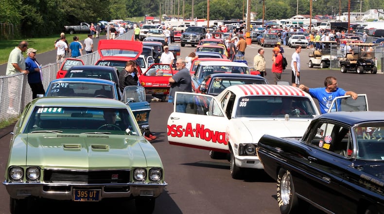 Old-time drag cars wait in the staging lane for their pass at a past Gathering of the Geezers at Kil-Kare Raceway and Drag Strip. File photo by Skip Peterson