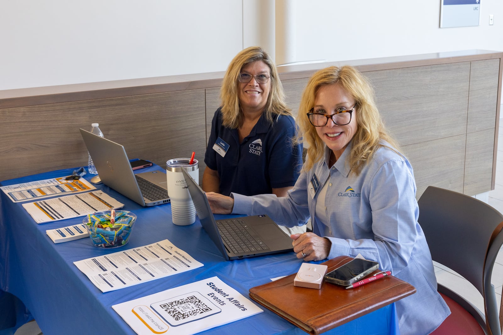 Jo Alice Blondin, Clark State president, and Leslie Ray, customer relationship management administrator, welcome students to campus on the first day of fall semester. CONTRIBUTED