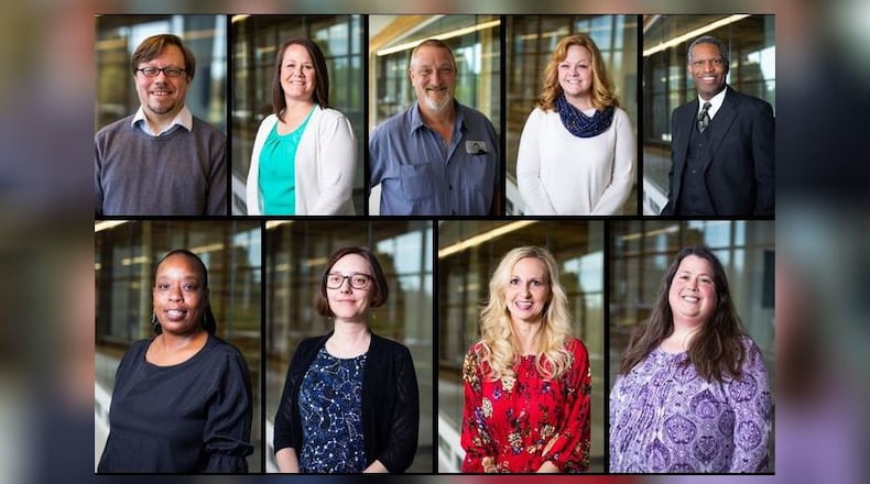 Clark State College honored and awarded several faculty and staff at its 60th annual Charter Night: (From left to right) Stanton Sturgill (top left); Kristen Bancroft; Brian Guthrie; Kristi Limes, Dr. Sterling Coleman (top right); Deltoria Crockran (bottom left); Jessica Adams; Carol Miller; and Nora Hateml (bottom right). Not pictured recipients: Sandra Horn and Momina Sulehria.