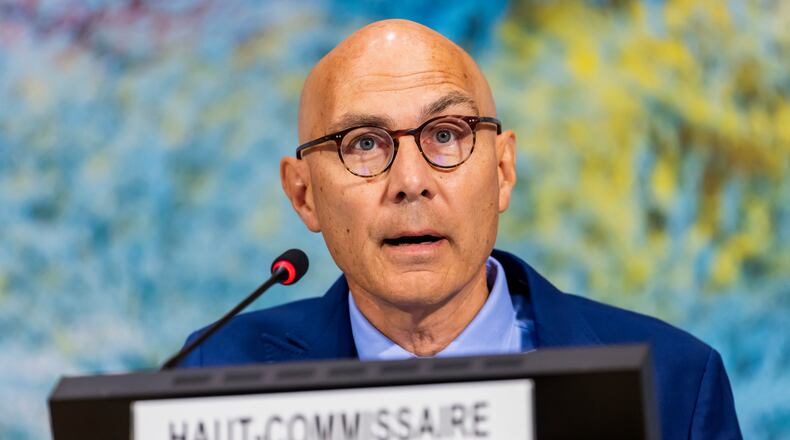 FILE - U.N. High Commissioner for Human Rights Volker Türk addresses attendees on the activities of his Office and recent human rights developments around the globe, during the 60th session of the Human Rights Council, at the European headquarters of the United Nations in Geneva, Switzerland, Monday, Sept. 8, 2025. (Salvatore Di Nolfi/Keystone via AP, File)