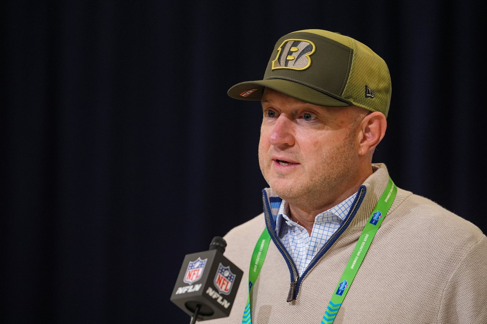 Cincinnati Bengals director of player personnel Duke Tobin speaks during a press conference at the NFL football scouting combine in Indianapolis, Tuesday, Feb. 24, 2026. (AP Photo/Michael Conroy)