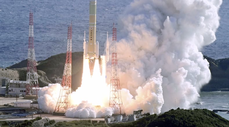 The H3 rocket (8th) by the Japan Aerospace Exploration Agency (JAXA), carrying a navigation satellite, is launched from the Tanegashima Space Center in Minamitane, Tanegashima island, southern Japan Monday, Dec.22, 2025. (Kyodo News via AP)
