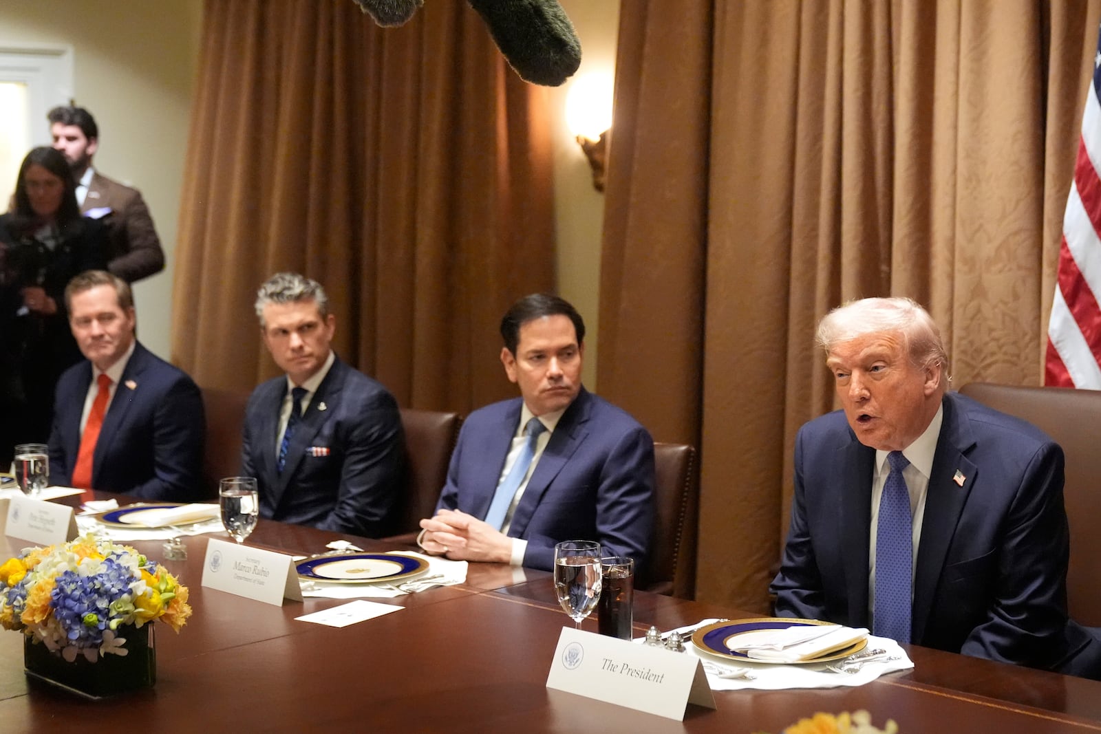 President Donald Trump speaks during a bilateral luncheon with Norwegian Prime Minister Jonas Gahr Støre in the Cabinet Room of the White House, Thursday, April 24, 2025, in Washington. With the President from left are National Security Advisor Mike Waltz, Secretary of Defense Pete Hegseth and Secretary of State Marco Rubio. (AP Photo/Mark Schiefelbein)
