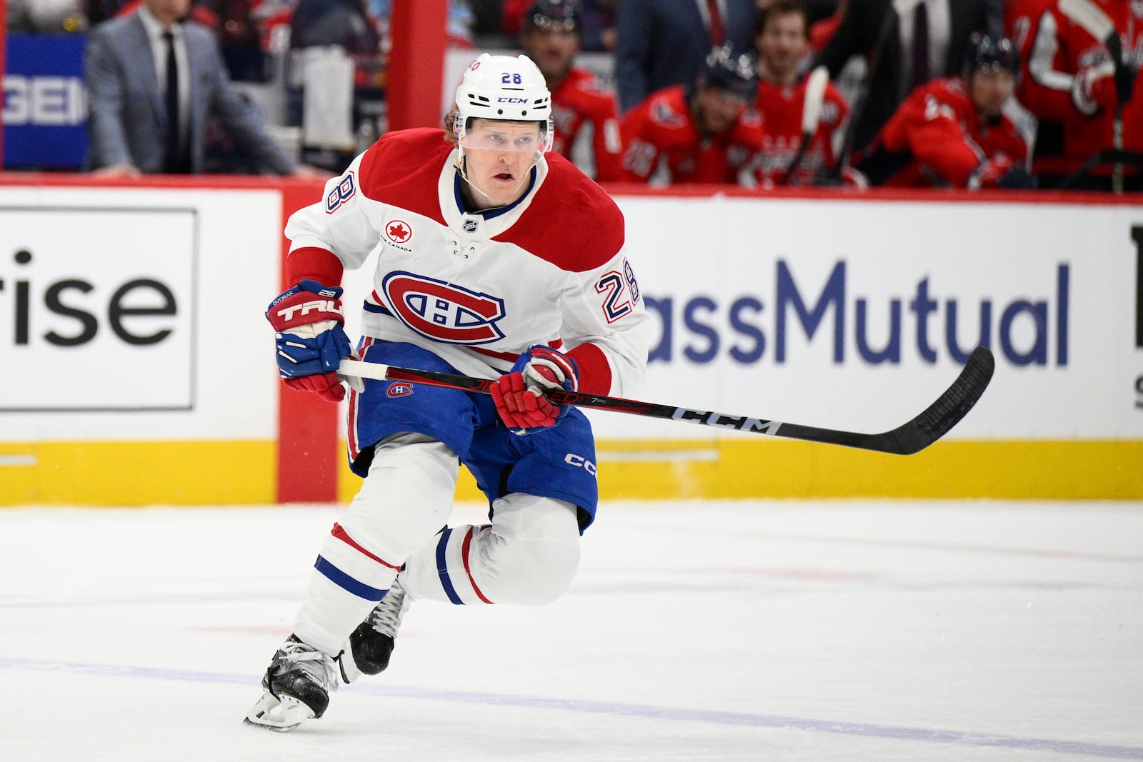 FILE - Montreal Canadiens center Christian Dvorak (28) in action in the first period of Game 2 of a first-round NHL hockey playoff series against the Washington Capitals Wednesday, April 23, 2025, in Washington. (AP Photo/Nick Wass, File)
