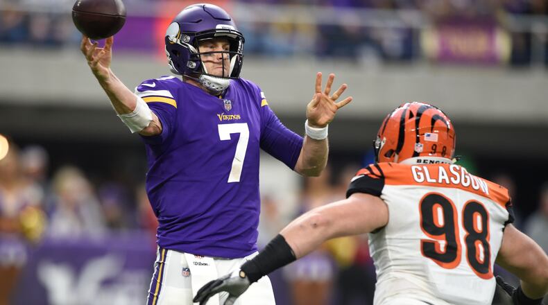 MINNEAPOLIS, MN - DECEMBER 17: Cincinnati Bengals lineman Ryan Glasgow pressures Minnesota Vikings quarterback Case Keenum on December 17, 2017 at U.S. Bank Stadium in Minneapolis, Minnesota. (Photo by Hannah Foslien/Getty Images)