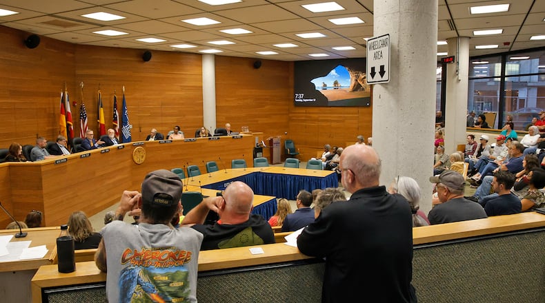 The crowded Springfield City Commission meeting Tuesday, Sept. 13, 2023. BILL LACKEY/STAFF