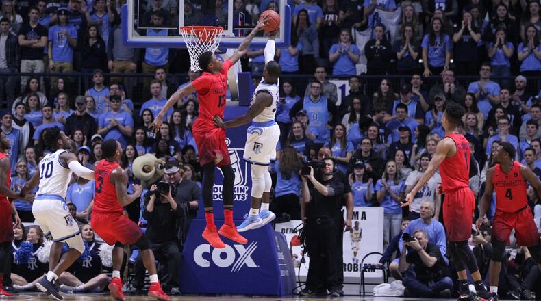 Dayton's Kostas Antetokounmpo blocks a shot against Rhode Island in the first half on Friday, Feb. 23, 2018, at the Ryan Center in Kingston, R.I.