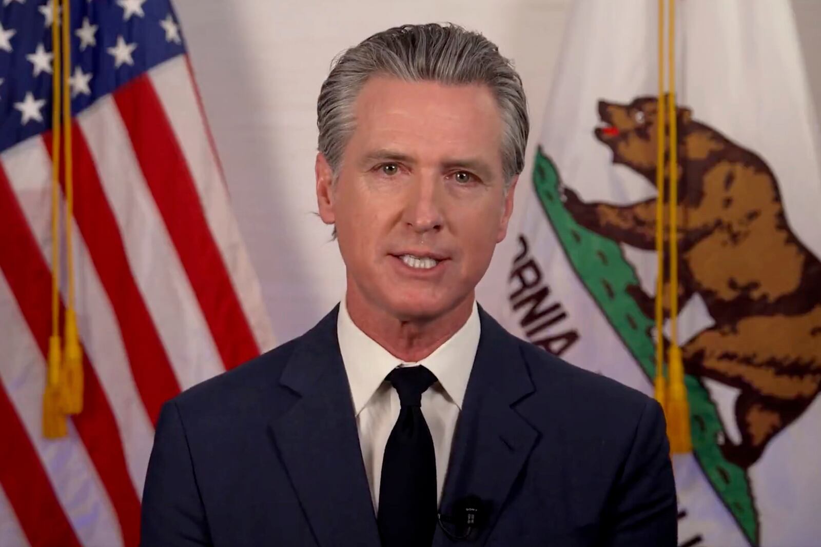 Gov. Gavin Newsom speaks during an address on Tuesday, June 10, 2025. (Office of California Governor via AP)