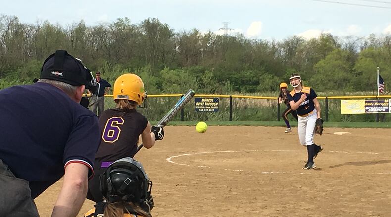 Monroe’s Alyssa Wagner delivers a pitch toward catcher Sam Schwab. RICK CASSANO/STAFF