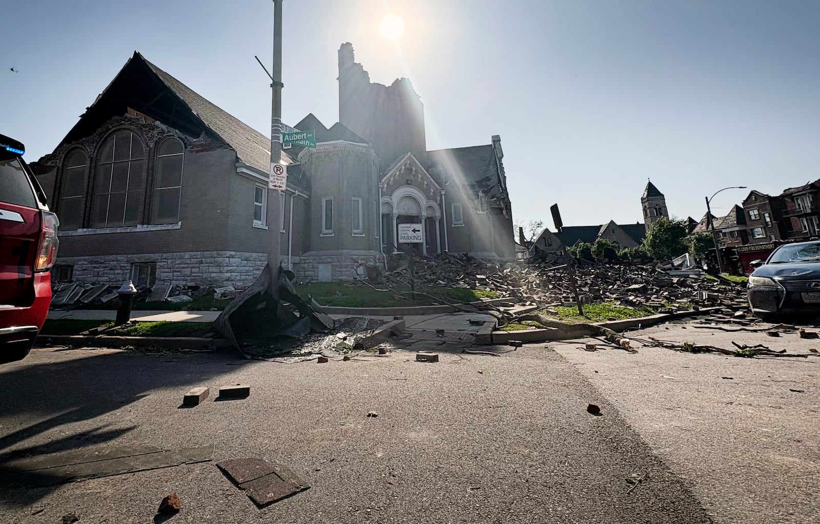 Part of Centennial Christian Church in St. Louis, Missouri, collapsed on Friday, May 16, 2025 when severe storms, including a possible tornado, swept through the city. (AP Photo/Michael Phillis)