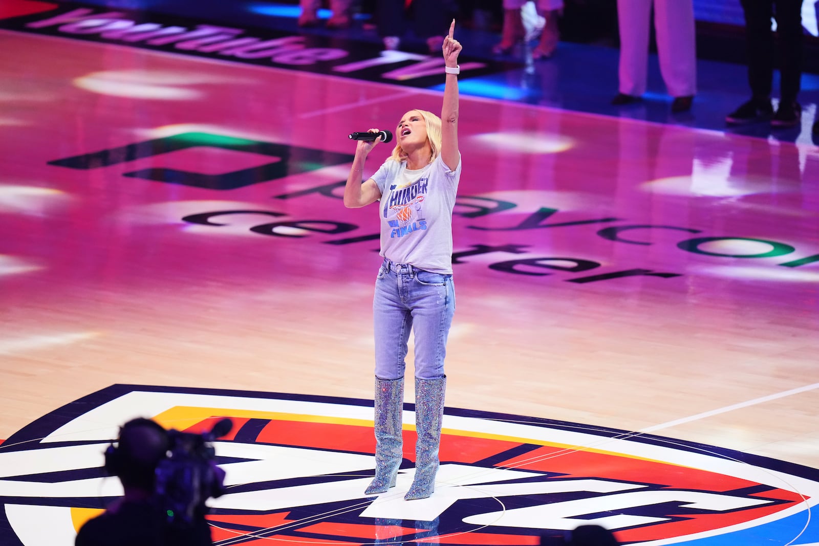 Kristin Chenoweth sings the national anthem before Game 7 of the NBA Finals basketball series between the Indiana Pacers and the Oklahoma City Thunder Sunday, June 22, 2025, in Oklahoma City. (AP Photo/Nate Billings)