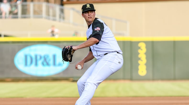 Dayton Dragons starter James Marinan throws a pitch during their game against the Lansing Lugnuts on Friday night at Fifth Third Field. Lansing won 4-0. CONTRIBUTED PHOTO BY MICHAEL COOPER