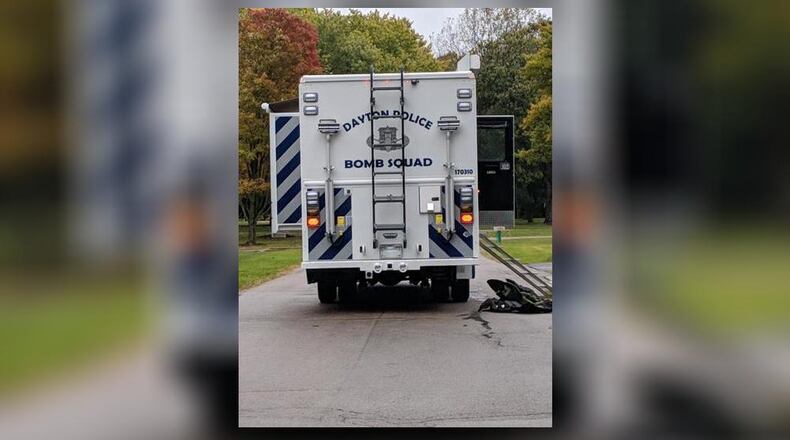 Dayton Bomb Squad responded Oct. 27 to a bomb threat in the 3000 block of Bell Drive in Fairborn. No explosive device was found.