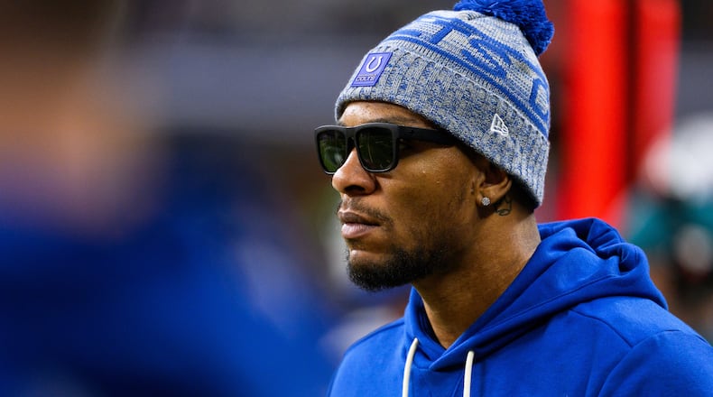 FILE - Indianapolis Colts quarterback Anthony Richardson Sr. stands on the sidelines during an NFL football game against the Houston Texans, Nov. 30, 2025, in Indianapolis. (AP Photo/Zach Bolinger, File)