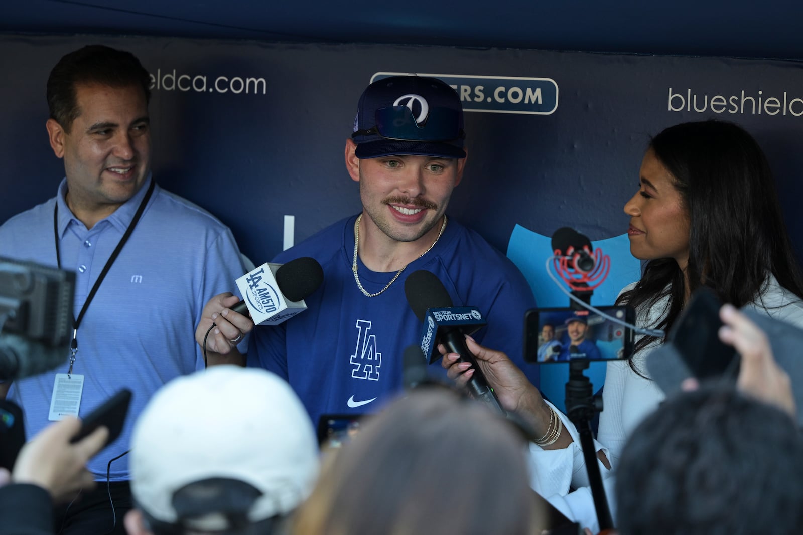 Los Angeles Dodgers' Dalton Rushing talks with reporters before a baseball game against the Oakland Athletics, Wednesday, May 14, 2025, in Los Angeles. (AP Photo/Jayne Kamin-Oncea)