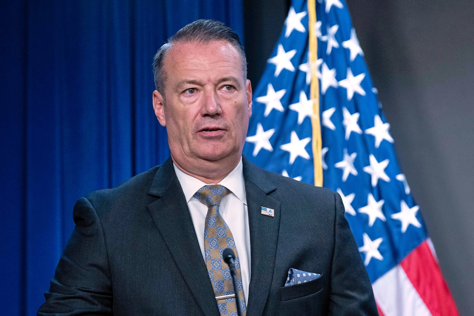Acting director of U.S. Immigration and Customs Enforcement (ICE) Todd Lyons speaks during a news conference at ICE Headquarters, in Washington, Wednesday, May 21, 2025. (AP Photo/Jose Luis Magana)