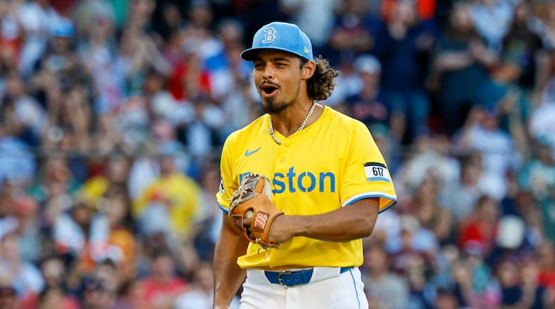 FILE - Boston Red Sox's Jordan Hicks reacts after striking out Houston Astros' Carlos Correa in the eighth inning of a baseball game, Aug. 2, 2025, in Boston. (AP Photo/Greg M. Cooper, File)