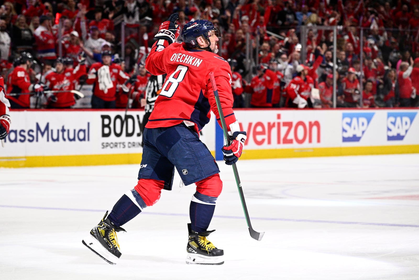 Washington Capitals left wing Alex Ovechkin (8) celebrates his goal in the first period of Game 5 of a first-round NHL hockey playoff series against the Montreal Canadiens, Wednesday, April 30, 2025, in Washington. (AP Photo/Nick Wass)