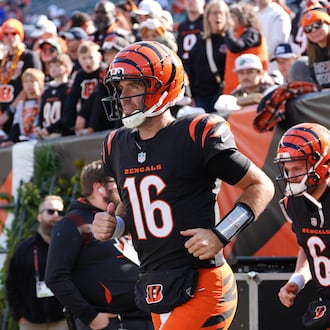 Cincinnati Bengals quarterback Joe Flacco (16) enters the field before an NFL football game against the New York Jets, Sunday, Oct. 26, 2025, in Cincinnati. (AP Photo/Joshua A. Bickel)