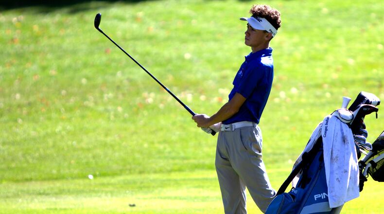 Greeneview's Mason Witt watches a shot during Saturday's Division II state tournament at Ohio State University's Scarlet Course. Jeff Gilbert/CONTRIBUTED