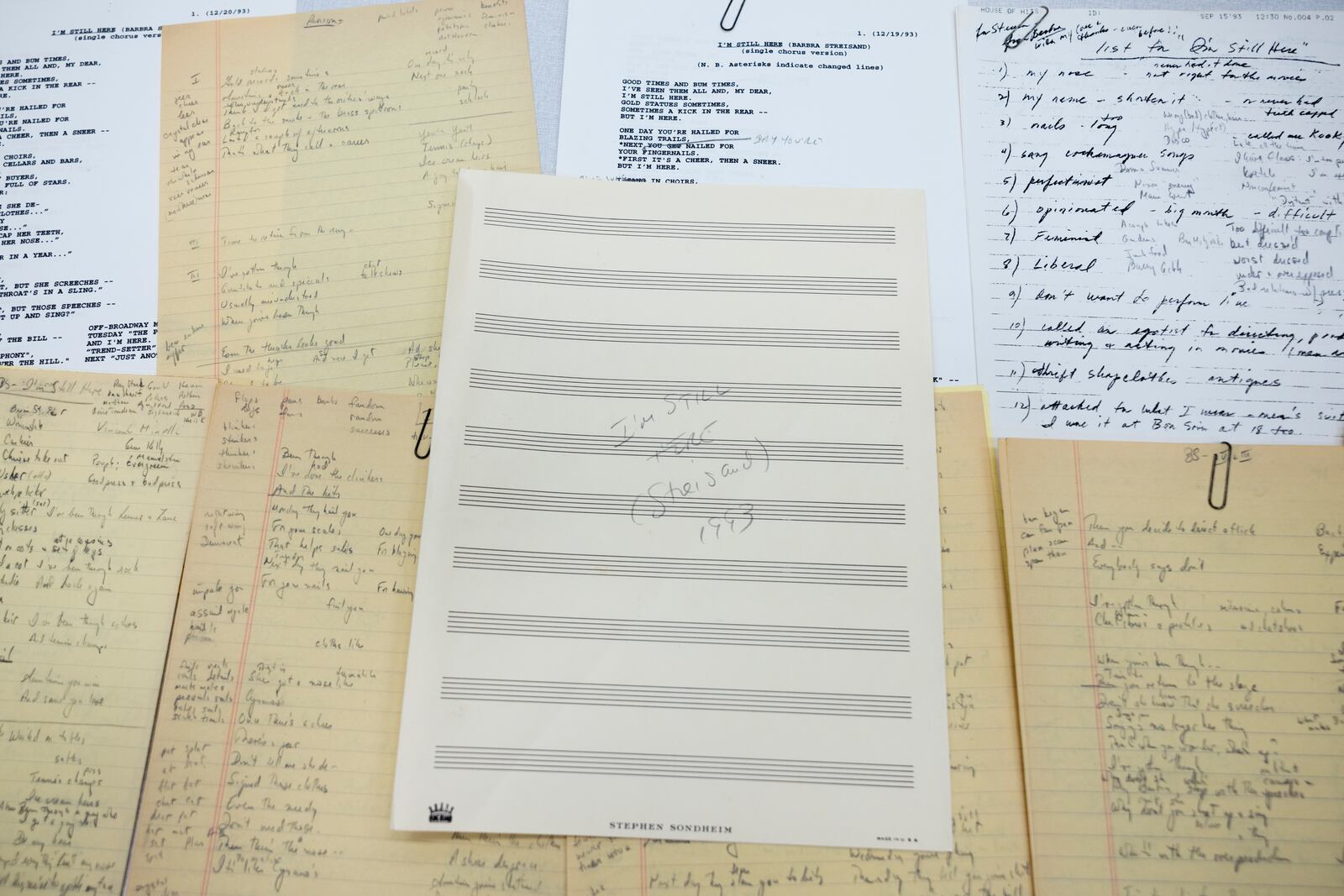 This image released by the Library of Congress shows lyrics and notes for "I'm Still Here" from the musical "Follies" by Stephen Sondheim, personalized for Barbra Streisand in 1993. (Elaina Finkelstein/Library of Congress via AP)