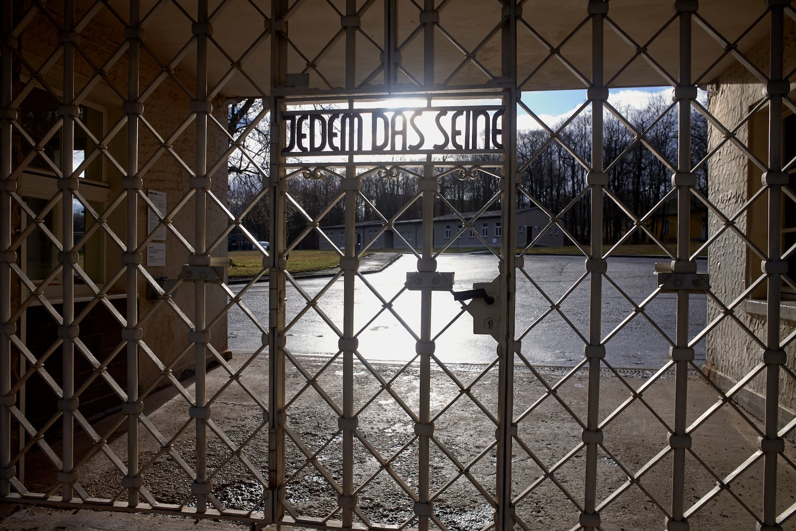 A view of the entrance gate of the Nazi death camp 'Buchenwald' with the inscription 'Jedem das Seine' (To Each His Own) in Weimar, Germany, on Jan. 10, 2020. (AP Photo/Markus Schreiber)