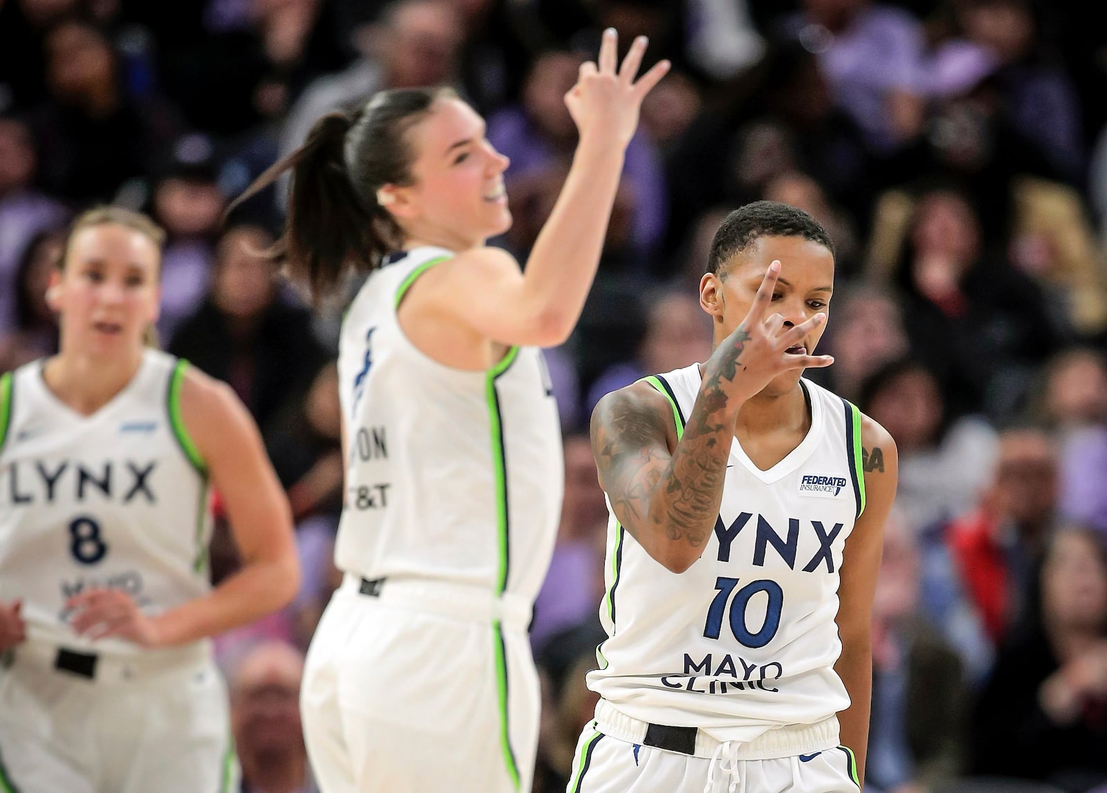 Courtney Williams (10) celebrates a 3-point shot in the second half as the Golden State Valkyries played the Minnesota Lynx at Chase Center in San Francisco, on Sunday, June 1, 2025. (Carlos Avila Gonzalez/San Francisco Chronicle via AP)