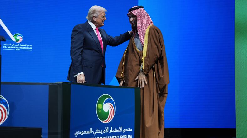 President Donald Trump speaks with Saudi Arabia's Crown Prince Mohammed bin Salman during the Saudi Investment Forum at the Kennedy Center, Wednesday, Nov. 19, 2025, in Washington. (AP Photo/Evan Vucci)