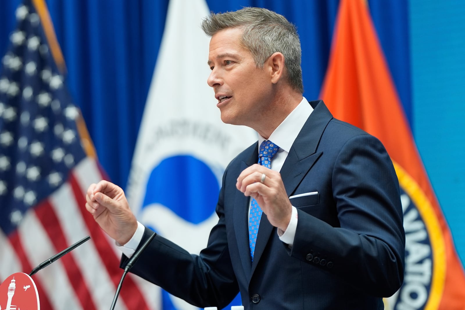 Transportation Secretary Sean Duffy announces a new air traffic control infrastructure plan, Thursday, May 8, 2025, in Washington. (AP Photo/Julia Demaree Nikhinson)
