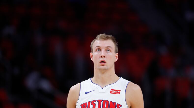 Detroit Pistons guard Luke Kennard (5) plays against the Indiana Pacers in the first half of a preseason NBA basketball game in Detroit, Monday, Oct. 9, 2017. (AP Photo/Paul Sancya)