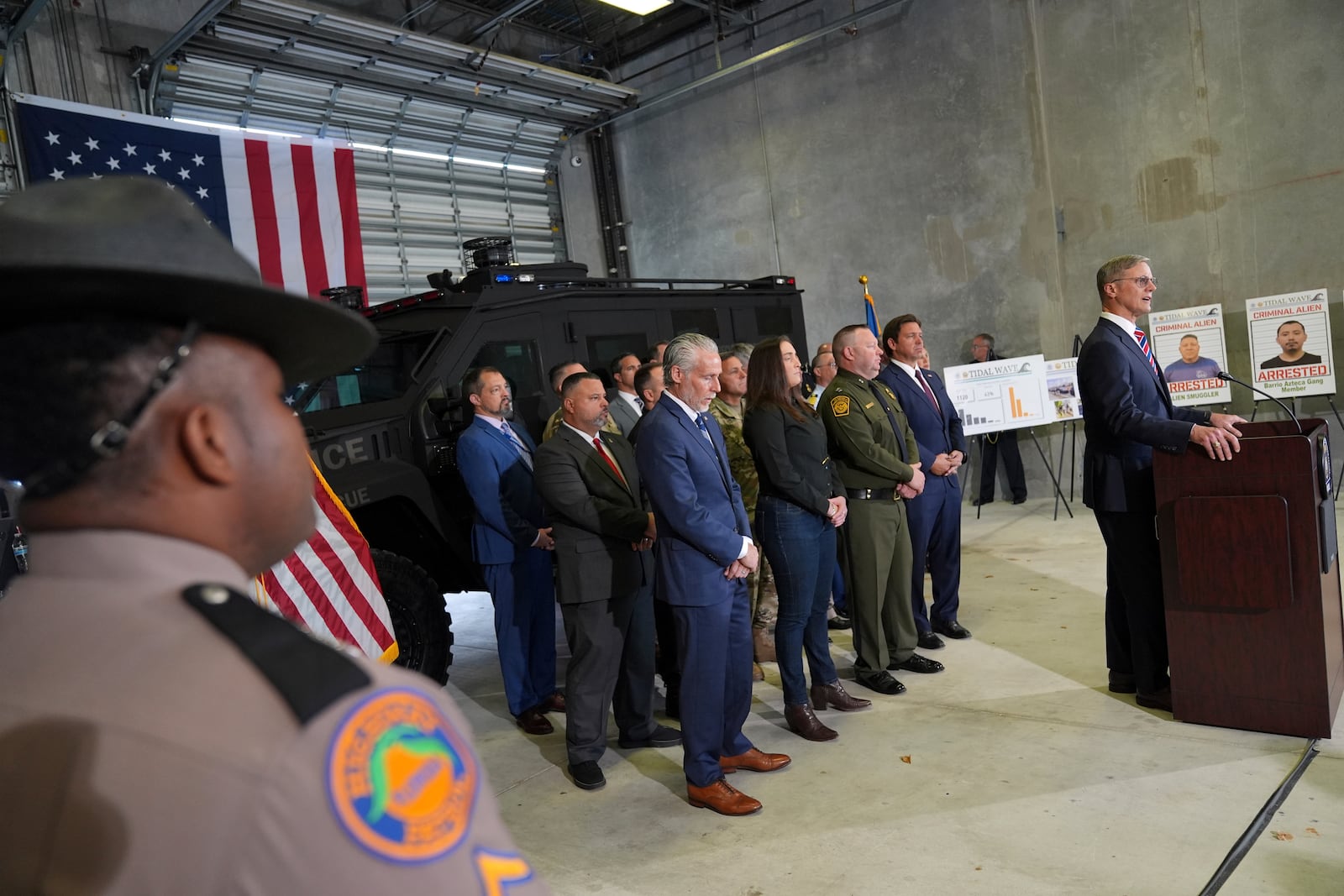Larry Keefe, executive director of the State Board of Immigration Enforcement, speaks during a press conference with Gov. Ron DeSantis at the South Florida office of U.S. Immigration and Customs Enforcement and Enforcement and Removal Operations, Thursday, May 1, 2025, in Miramar, Fla. (AP Photo/Rebecca Blackwell)