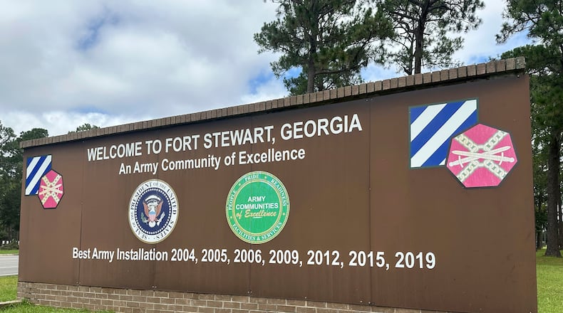 FILE - A sign outside the main gate of Fort Stewart, Ga., is shown Aug. 6, 2025. (AP Photo/Russ Bynum, File)