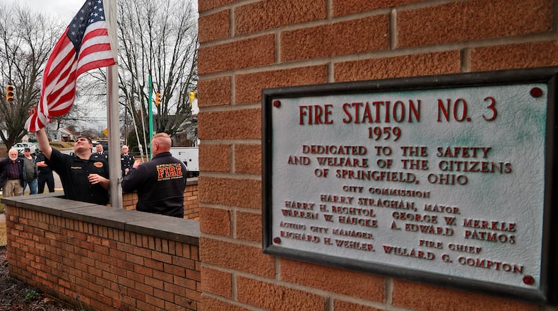 The ceremonial flag lowering concluded the decommissioning ceremony for Fire Station No. 3 on Selma Pike in the City of Springfield Tuesday, Jan. 3, 2023. A new fire station is being constructed on South Limestone Street to replace the existing station. BILL LACKEY/STAFF