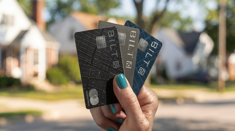This photo provided by Bilt in January 2025 shows their Obsidian Card, Palladium Card and Blue Card. (Bilt via AP)