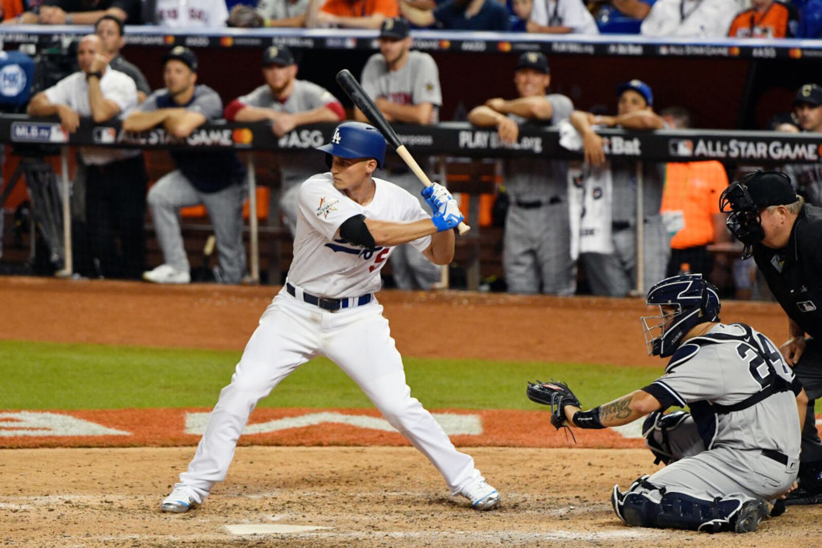  Corey Seager bats during the 88th MLB All-Star Game at Marlins Park on July 11, 2017 in Miami, Florida.