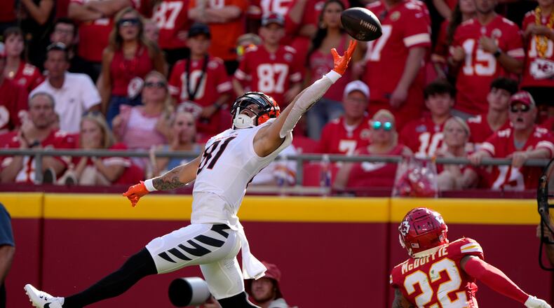 Cincinnati Bengals wide receiver Jermaine Burton (81) is unable to catch a pass in the end zone as Kansas City Chiefs cornerback Trent McDuffie (22) defends during the first half of an NFL football game Sunday, Sept. 15, 2024, in Kansas City, Mo. (AP Photo/Charlie Riedel)