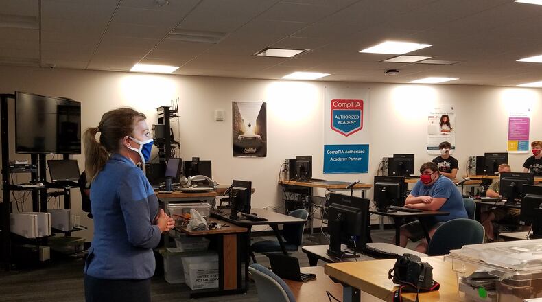 Clark State President Dr. Jo Alice Blondin speaks to Cybersecurity lab class Monday, the first day of fall semester, about available CARES Act money available for fall semester. CONTRIBUTED