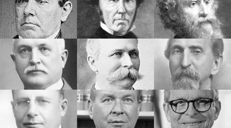 These nine men who served as Ohio's governor grew up or started their political careers in the region. Top row: Thomas Corwin, William Bebb and Charles Anderson. Middle row: James E. Campbell, Asa S. Bushnell and Andrew L. Harris. Bottom row: James M. Cox, James A. Rhodes and Mike DeWine.
