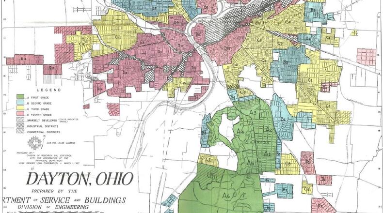 Redlining map of Dayton created by the Home Owners’ Loan Corporation in 1935. Red areas show parts of town deemed most at risk for bank loans because of factors including the racial makeup of who lived there.