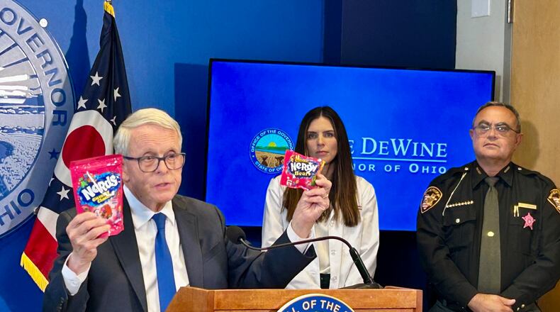Ohio Gov. Mike DeWine compares Nerds Gummy Clusters to an intoxicating hemp knockoff. He signed executive orders on Oct. 8 to block intoxicating hemp product sales in Ohio.
