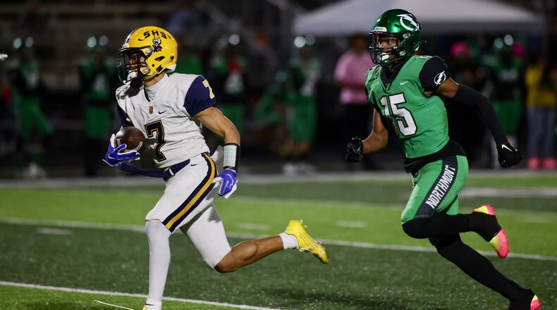 Springfield's Anthony Brown scores on a 66-yard touchdown catch against Northmont in the third quarter on Friday, Oct. 21, 2022, in Clayton. David Jablonski/Staff