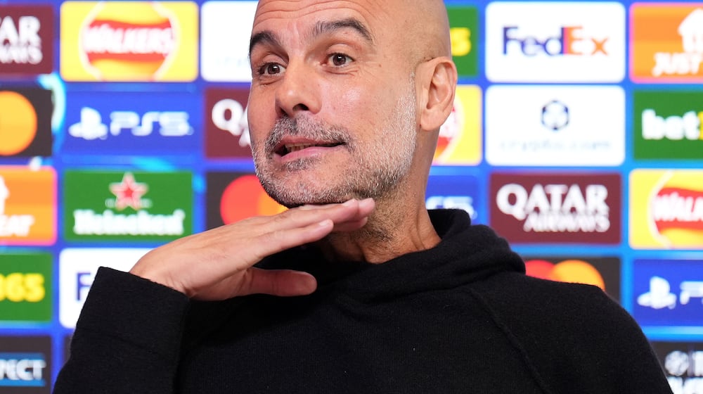 Manchester City manager Pep Guardiola during a press conference in Manchester, England, Monday, Nov. 24, 2025. (Mike Egerton/PA via AP)
