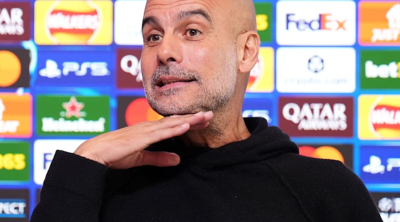 Manchester City manager Pep Guardiola during a press conference in Manchester, England, Monday, Nov. 24, 2025. (Mike Egerton/PA via AP)
