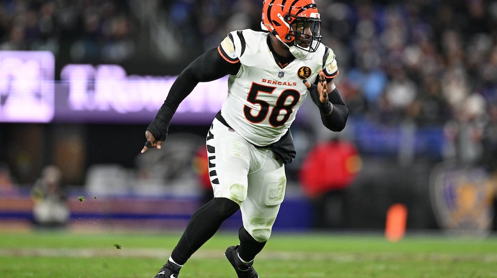 FILE - Cincinnati Bengals defensive end Joseph Ossai (58) in action during the second half of an NFL football game against the Baltimore Ravens, Nov. 27, 2025, in Baltimore. (AP Photo/Terrance Williams, file)