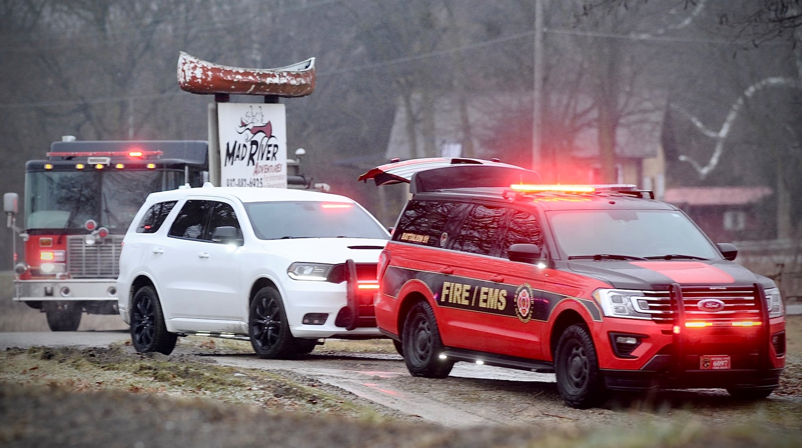 Bethel Twp. fire department responds to a fire at Mad River Adventures canoe livery at 5605 Lower Valley Pike on Tuesday, January 30, 2024. MARSHALL GORBY \STAFF