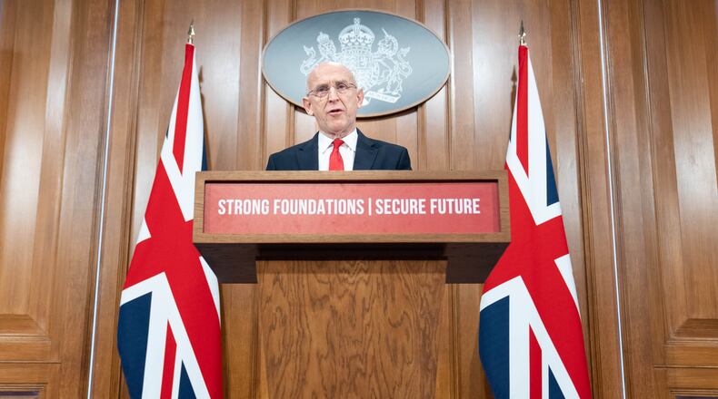 British Defence Secretary John Healey delivers a speech on how the UK's defence industry is delivering growth and national renewal across the UK, at No 9 Downing Street in central London, Wednesday Nov. 19, 2025. (Stefan Rousseau/Pool Photo via AP)