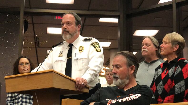 Springfield Police Chief Lee Graf speaks to the crowd after being sworn in at the City Hall Forum on Tuesday, Dec. 5. MICHAEL COOPER/STAFF